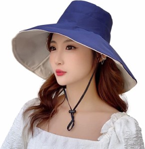 母の日 レディース つば広 帽子 ハット UV カット 対策 女優帽 紫外線( ネイビー,  Free Size)