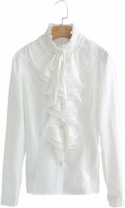 レディース ブラウス フリルブラウス リボン付き 詰襟 ホワイト シャツ トップス 長袖 シフォン( 白,  M)