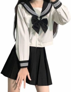 3点セット 制服 セーラー服 濃紺 白 シャツ スカート 蝶結びリボン 白三本 プリーツスカート( 長袖,  L)