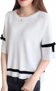ニット リボン 半袖 ニットソー プルオーバー ワンポイント サマー セーター ティーシャツ( ホワイト,  S)