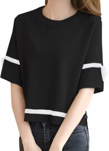 ニット リボン 半袖 ニットソー プルオーバー ワンポイント サマー セーター ティーシャツ( ブラック,  L)