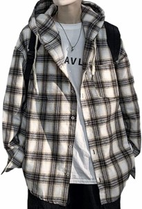 チェック パターン シャツ パーカー ビックシルエット ストリート カジュアル 長袖 上着( ベージュ,  XL)