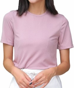 サラッと ひんやり ストレッチ リブニット Tシャツ きれいめ カットソー 薄手( 半袖ピンク,  L)