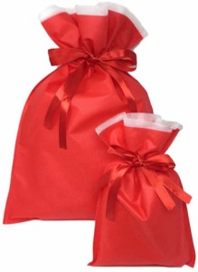 巾着袋 ギフトバッグ 5枚セット ＋ミニカードラッピング 不織布 リボン付 プレゼント( レッド,  S)