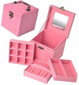 全3色 子供用 アクセサリー ケース 3段 ジュエリー ボックス 女の子 鏡付き おもちゃ 宝石箱( ピンク)