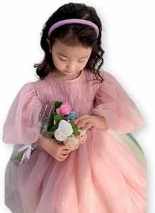 チュール レース ワンピース バルーン袖 ドレス 結婚式 誕生日 子供 キッズ プレゼント( ピンク,  100)
