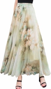 母の日 ロングスカート レディース フレアスカート 花柄 ウエストゴム シフォン( ライトグリーン,  XL)