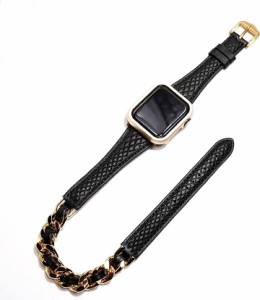 Apple Watch レザー チェーン ベルト 本革 お洒落( ブラック/ゴールド,  42/44/45mm)