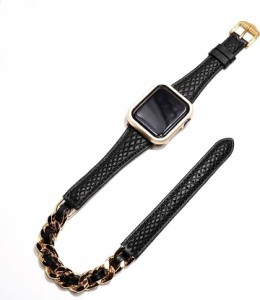 Apple Watch レザー チェーン ベルト 本革 お洒落( ブラック/ゴールド,  38/40/41mm)