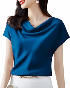 ドレープネック サテン ブラウス 光沢 フォーマル 上品 トップス ゆるシャツ エレガント( ブルー,  2XL)
