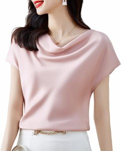 ドレープネック サテン ブラウス 光沢 フォーマル 上品 トップス ゆるシャツ エレガント( ピンク,  XL)