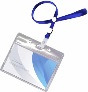 名札ホルダー 防水 ケース 首掛け ネック ストラップ 名刺 ID カード ブルー( 100個セット ブルー)