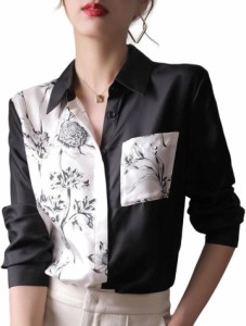 フラワープリントシャツ バイカラー 長袖 比翼ボタン ワイドカラー 胸ポケット メンズライク( ブラック,  L)
