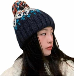 ニット帽 レディース 大きいサイズ ボンボン ポンポン 防寒 防風( ネイビー,  50.0-58.0 cm)