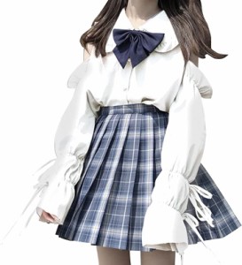 女子高生 コスプレ 長袖 レディース ブラウス 肩出し トップス 大きいサイズ 学生服( ホワイト,  XL)