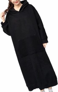 リリカ ワンピース パーカー ロング フード 付き 裏 起毛 シンプル 無地 ポケット 黒( ブラック,  XL)