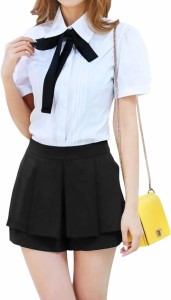 ボウタイ ブラウス レディース トップス リボン サテン 量産型女子 半袖 MDM( ホワイト,  S)