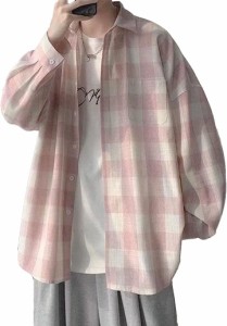 チェックシャツ メンズ 長袖 ポケット付き オシャレ オーバーサイズシャツ( ピンク,  M)