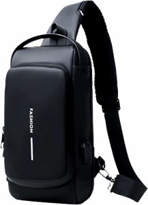 ボディバッグ ショルダー スポーツバッグ 斜めがけ メンズ レディース USBポート 軽量( ブラック/ブラック)