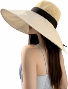 日よけ帽 帽子 バケットハット バケハ ツバ広 18 cm リボン付き( ベージュ,  56.0-58.0 cm)