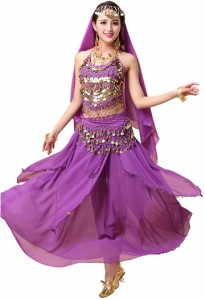 ベリーダンス 衣装 4点 インドダンス アラブ 女王 アラジン コスプレ 民族衣装 イベント( パープル)