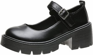 厚底 靴 パンプス ストラップ ヒール 6cmシューズ レディース 黒( 黒 ツヤなし,  23.5 cm)