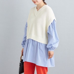 シップス/〈手洗い可能〉シャツコンビVネックニット