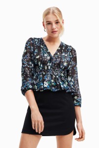 デシグアル Desigual 花柄 レースブラウス （グレー/ブラック