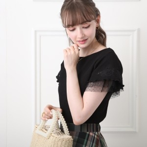 クチュールブローチ/【大人気のチュール袖デザイン第２弾♪】前後2WAY刺繍×ドットチュール袖トップス