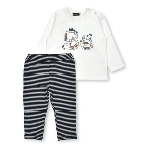 ベベ（BeBe）/線路はつづくよロゴ長袖Tシャツ+ボーダーパンツセット(80~90cm)