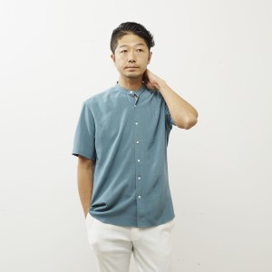 【NEW】メンズメルローズ（MEN’S MELROSE）/ポリエステルヘアライン半袖バンドカラーシャツ