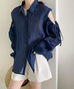 アイモハ（aimoha）/肩紐リボンゆったり前あきシアーシャツ 韓国ファッション