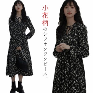 シフォンワンピース レディース ロングワンピース 長袖 ワンピース 花柄 春 夏 vネック 小花柄 マキシワンピース Aライン ロング丈 マキ