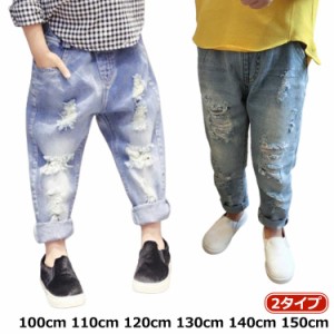  ジーンズストレッチパンツ 女の子 子供服 ボトムス キッズ 男の子 ジュニア 夏 ズボン 110cm レギパン 送料無料 長ズボン ダメージデニ