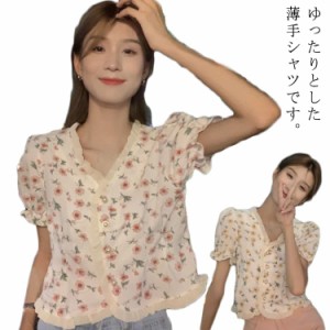  tシャツ ブラウス トップス 半袖 Vネック OL 通学 前開き 通勤 ショート丈 フォーマル 花柄 デート レディース シャツ 30代 着痩せ 薄手