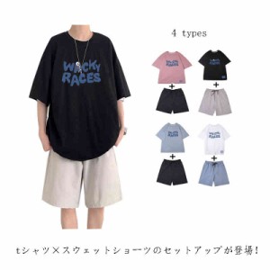 送料無料 2点セット セットアップ メンズ 半袖 Tシャツ ワイドパンツ スウェット 上下 ビッグTシャツ シルエット セミワイドパンツ オー