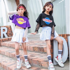 ショート丈トップス キッズ Tシャツ レース 半袖 長袖 スカート プリーツ ダンス衣装 ヒップホップ k-pop セットアップ