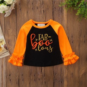 カットソー 長袖 Tシャツ トップス 子供服 キッズ 女の子 オレンジ 黒 袖フリル 英語プリント アルファベット