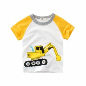 Tシャツ カットソー ラウンドネック 丸襟 丸首 半袖 クルーネック 子供用 キッズ ベビー 乗り物 ショベルカー 働く車 車 イラストプリン