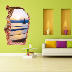 ウォールステッカー ウォールシール 壁紙 壁シール 3D 立体 トリックアート だまし絵 風景 海 ボート ヨット 船 夕焼け 波打ち際 癒し 壁