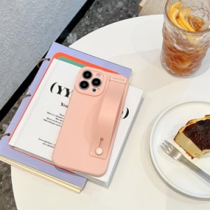 【送料無料】iphoneケース アイフォンケース 落下防止 ベルト バンド スマホケース くすみ カラー ピンク ストラップホール iPhone14 Plu