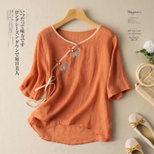 送料無料 半袖 チャイナ シャツ 刺? トップス 花柄 ブラウス シャツ チャイナボタン 春 夏 綿 Tシャツ カットソー チャイナ風 カジュアル