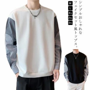 フェイクセット風 パーカー メンズ 送料無料 トップス プルオーバー ラウンドネック トレーナー 秋服 春服 ストライプ切り替え 細身 20代