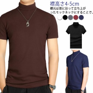 ハイネック トップス 【送料無料】夏 襟高さ4-5cm 半袖Tシャツ 無地tシャツ カットソー ゆったり メンズ ティーシャツ 春秋 【送料無料】