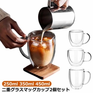 ダブルウォールグラス 取っ手付き お酒 真空断熱 保冷 250ml 350ml 450ml クリア 耐熱グラス 保温 2個セット かわいい マグカップ お茶 