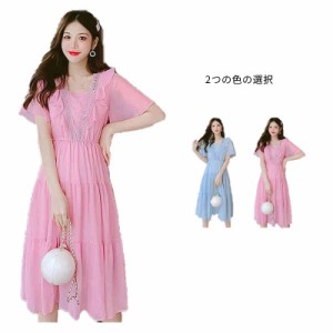 シフォンワンピース レディース 夏用 ウエストゴム ロングワンピース フリルワンピース ミディアム丈 半袖 切り替え シフォン フリル Aラ