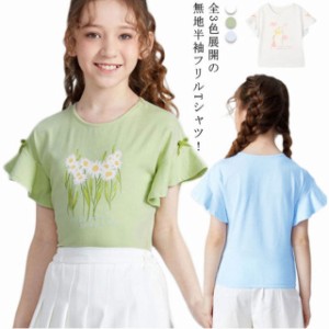 子供服 半袖Tシャツ 送料無料 女の子 半袖 Tシャツ カットソ 袖フリル 半そで プリントTシャツ キッズ ジュニア トップス クルーネック 