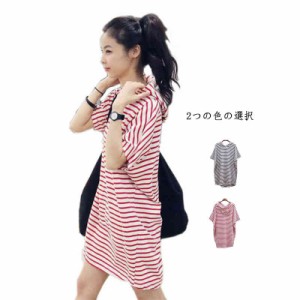 フード付きブラウス ボーダー柄 ロングシャツ レディース 夏  大きサイズ 学生服 フード付き ロングブラウス トップス ゆったり 半袖 送