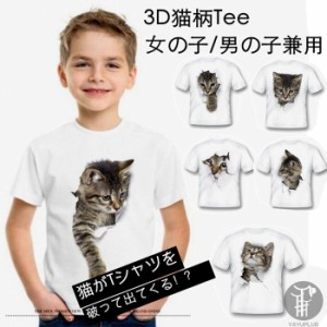 Tシャツ イラスト 女の子 男の子 3D 猫 可愛い 半袖 薄手 ねこ 白 おもしろ トリックアート プレゼント  代引不可