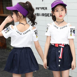 子供服 セットアップ キッズ 女の子 夏 2点セット 上下セット Tシャツ 半袖 肩出し スカート ジュニア おしゃれ 小学生 新品